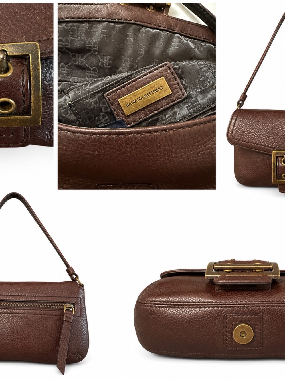 Banana Republic Dark Brown Pebbled Leather Wristlet Bag with Brass Hardware